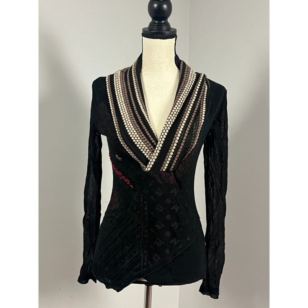 Forla Paris Mixed Media Embellished Sheer Sleeve Knit Top Women's Small